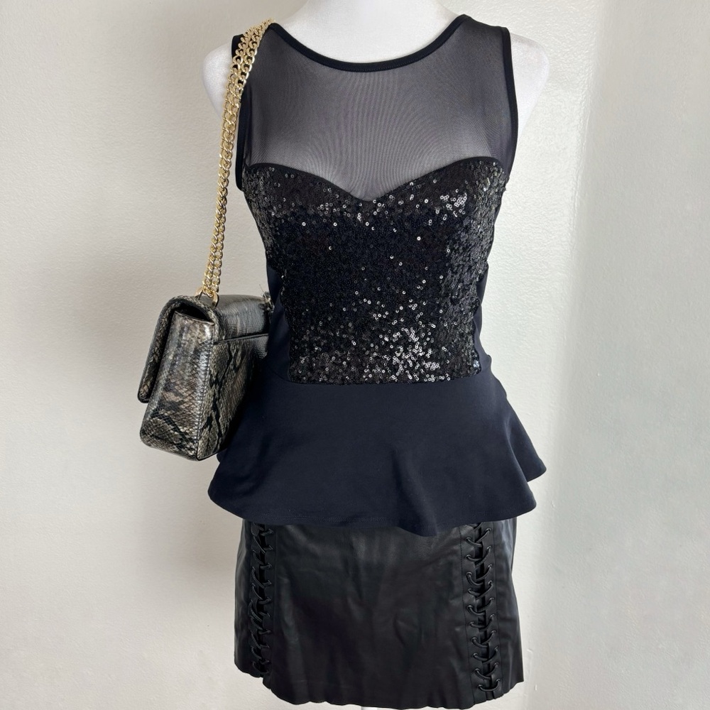 Vintage Bebe Black Sequin Mesh Peplum Top | Size S